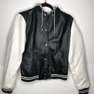 Black and white hooded varsity jacket